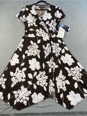 Perceptions NY women’s Brown &white floral stretchy faux wrap knot midi dress 18